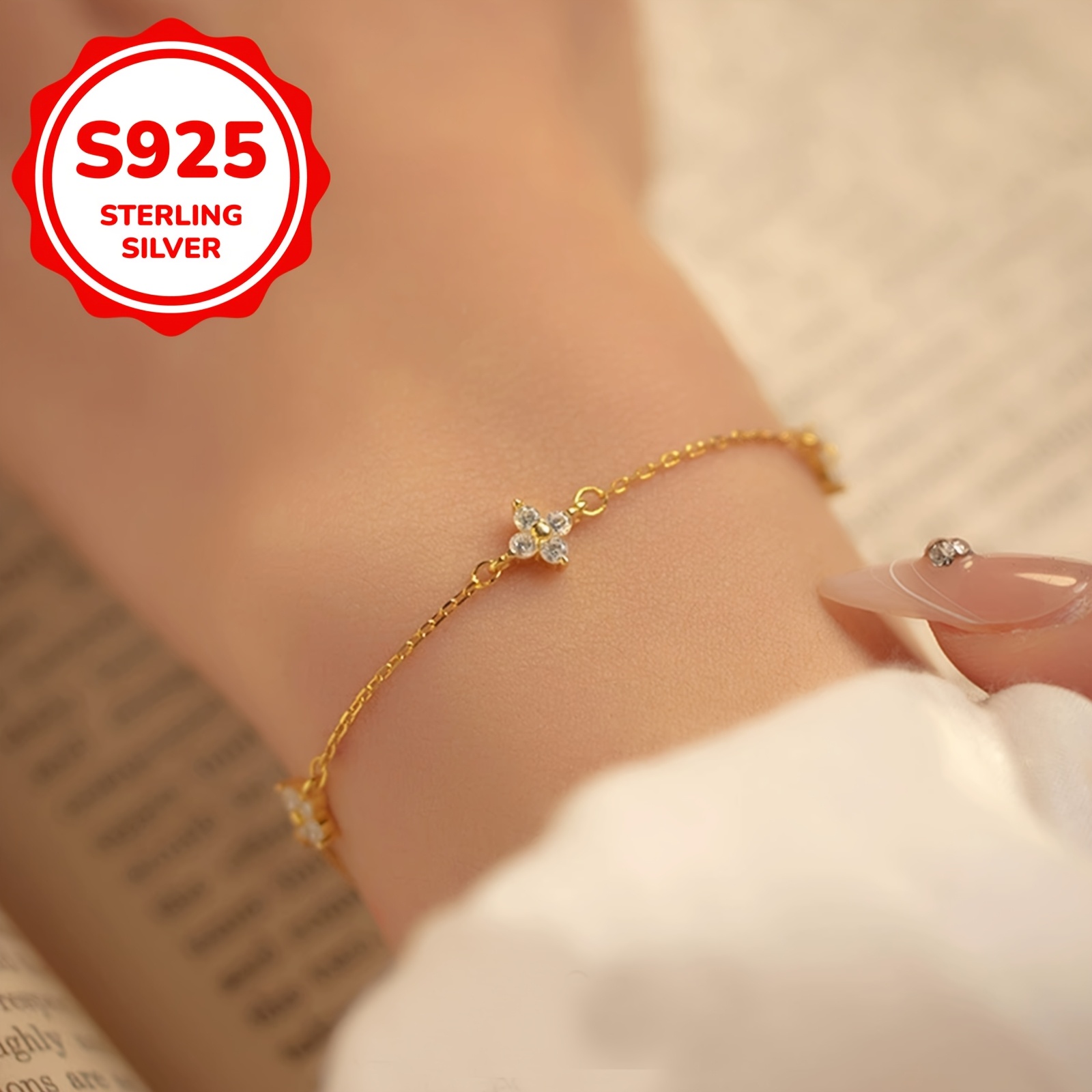 S925 Silver Sparkling Four Leaf Clover Bracelet